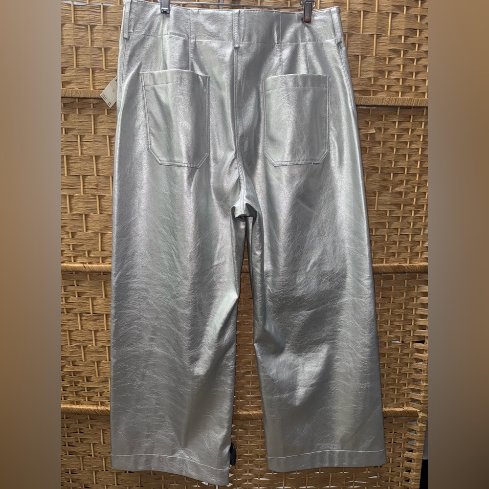 New Anthropologie The Colette Cropped Wide Leg Pants Maeve Faux Leather Silver - Picture 3 of 5